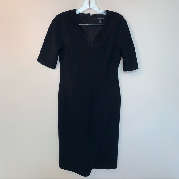 Saks Fifth Avenue Black Asymmetrical Faux Wrap Midi Dress 4 - Picture 1 of 7